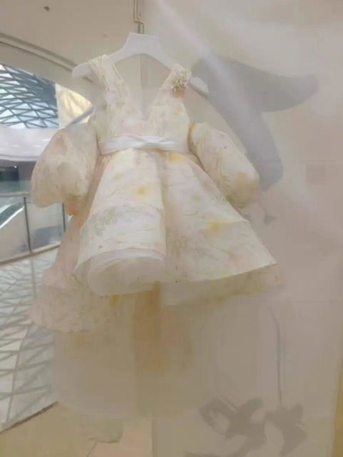 Beige Trailing Flower Girl Dress Wedding Birthday Party Prom Dress D129