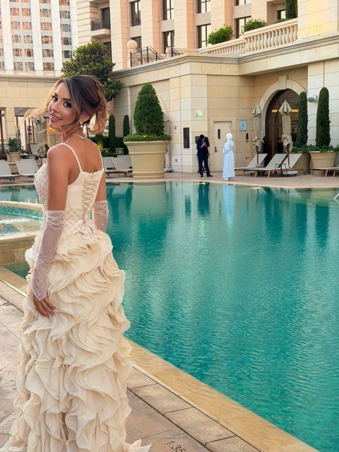 Luxury Beige Beaded Spaghetti Strap Evening Dress with Dramatic Cascading Ruffle Skirt SS257