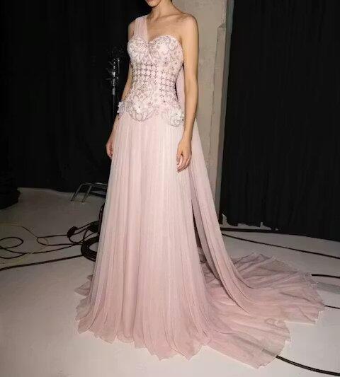 Elegant  Blush Pink Beaded One-Shoulder Gown with Detachable Cape Satin Evening Dress for Women SS285