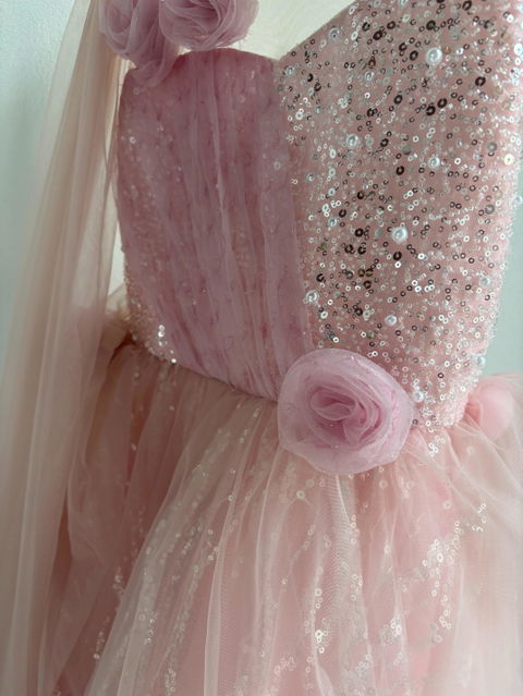Lovely One-Shoulder 3D Flower Tulle Pink Flower Girl Dress D074