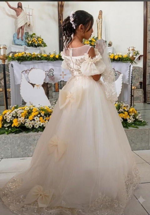 Jill Luxury White Flower Girl Dress Appliques with Bow J346