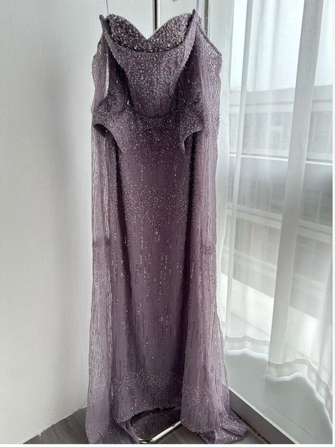 Silver Grey Crystal Evening Dress Off-Shoulder Cape Gown SS558