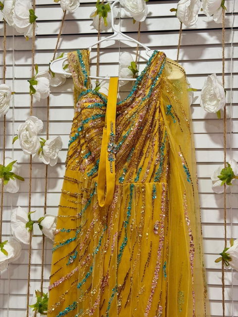 Luxury Yellow Beaded One Shoulder Yellow Evening Dress with Cape SS423