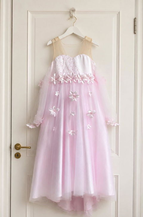Elegant 3D Flowers Red Girl Dress Long Sleeve Princess Gown J274