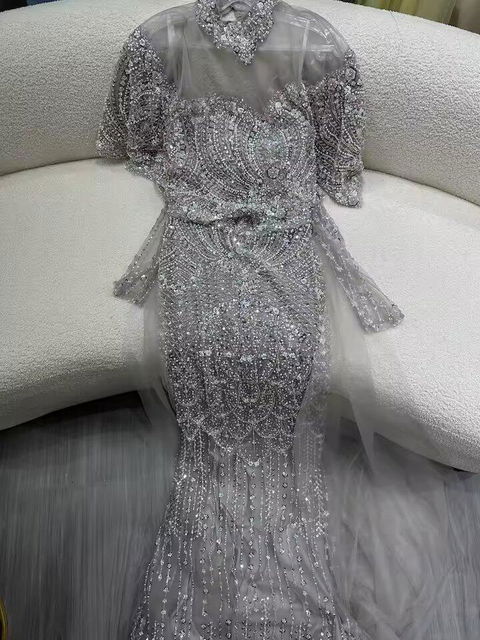 Classic Grey Beaded Dubai Evening Dress SS557