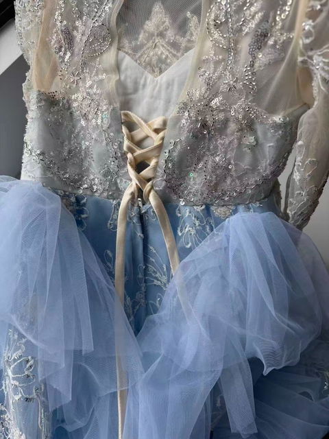 Luxury Blue Dubai Girl Dress Beaded Pearls Arabic Princess J381