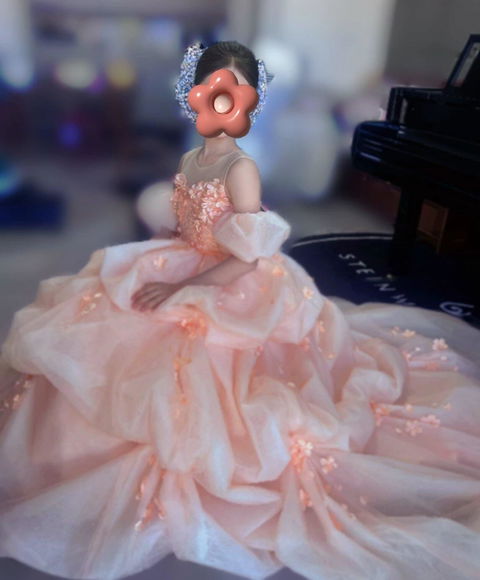 Luxury Pleat Off Shoulder Applique Pink Girl Princess Dress J855