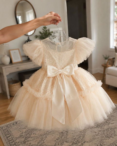 White Flower Girl Dress for Girls Puff Sleeve Sequin Tulle Party Dress for Wedding J762