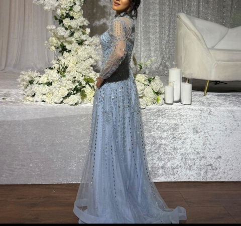 Luxury Blue Long Sleeves High Neck Evening Dress SS587