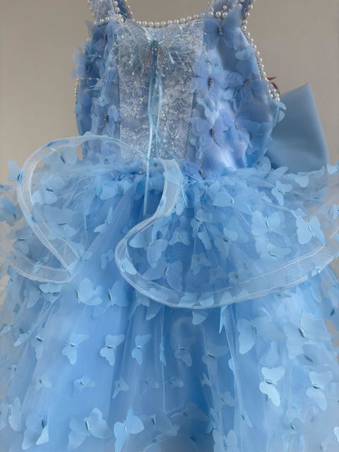 Blue Flower Girl Dress for Girls Pearl Strap Bow Tulle Party Dress for Birthday D293C
