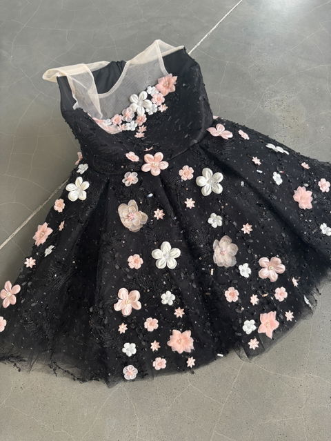Black Flower Girl Dress for Girls Floral Applique Tulle Party Dress for Party J904