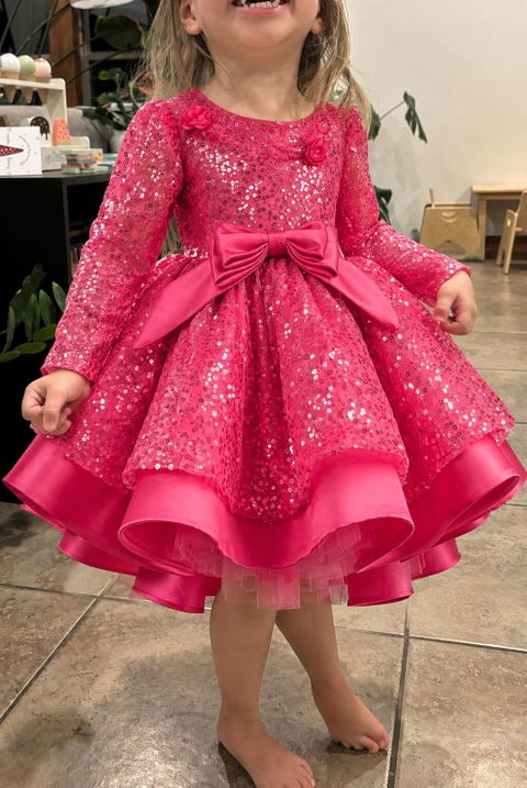 Graceful Sequined Flower Girl Dress With Bow Long Sleeve J550