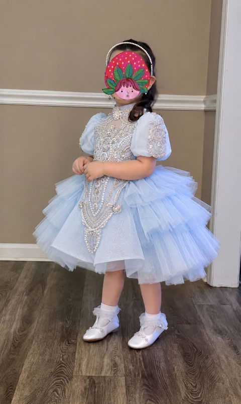 Blue Luxury Beaded High Neck Tiered Flower Girl Dress J567