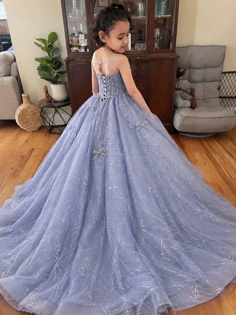 Blue Flower Girl Dress for Girls Sequin Line Tulle Ball Gown for Birthday J059