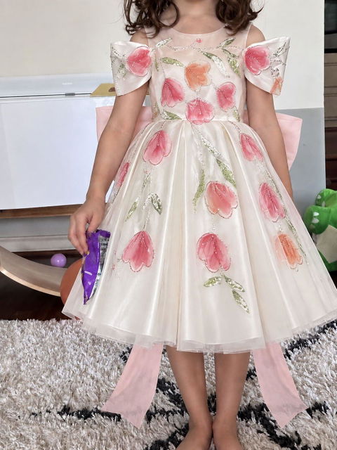 White Flower Girl Dress for Girls Tulip Embroidery Girls Dress Satin Ball Gown for Wedding D267