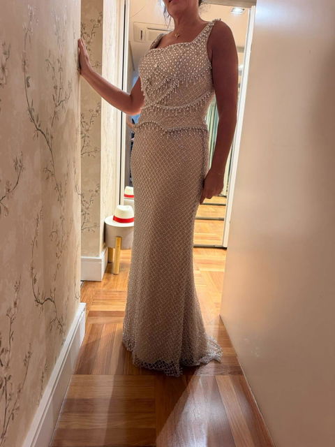 Elegant Silver Gray Spaghetti Strap Evening Dress with Crystal Beads SS631