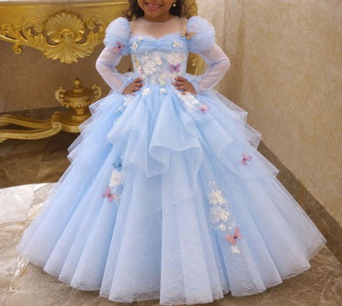 Blue Floral Tulle Flower Girl Ball Gown with Puff Sleeves D372