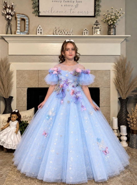Blue 3D Floral Butterfly Flower Girl Ball Gown D371