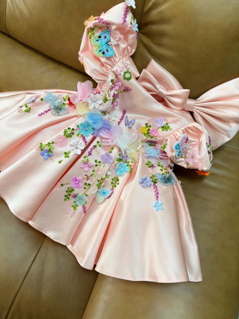 Pink Floral Butterfly Girls Party Dress with Puff Sleeves J813