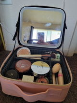 JUSRON Pink Travel Makeup Bag Cosmetic Bag with Lighted Mirror 3 Color Scenarios Adjustable Brightness