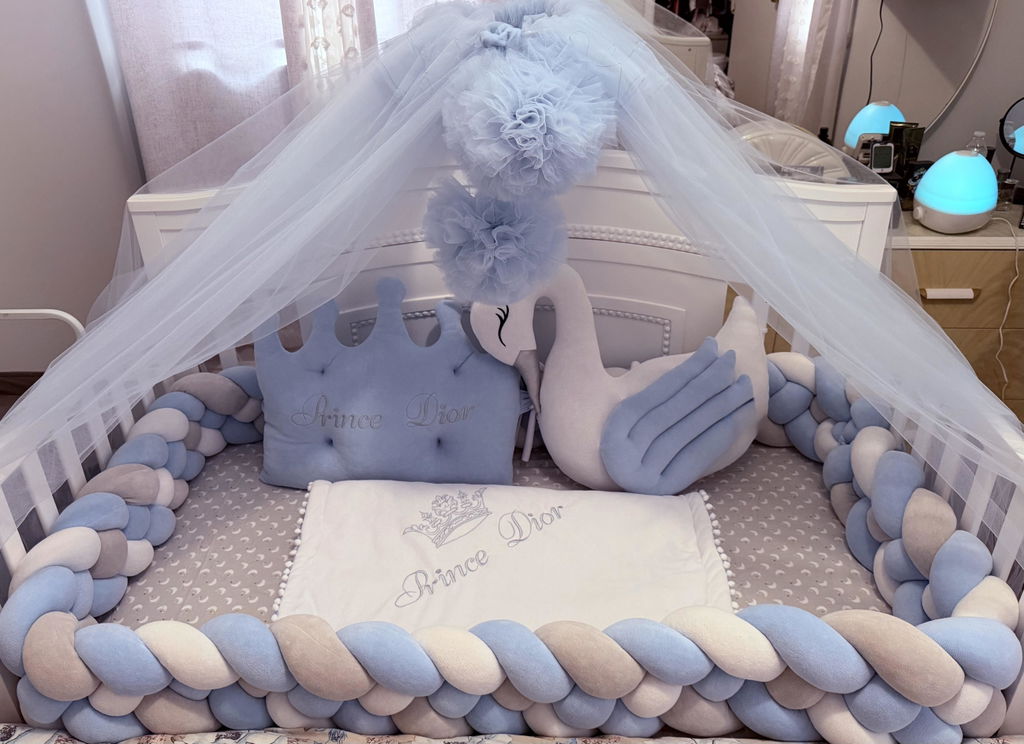 Double braided crib bumper blue white 20 cm