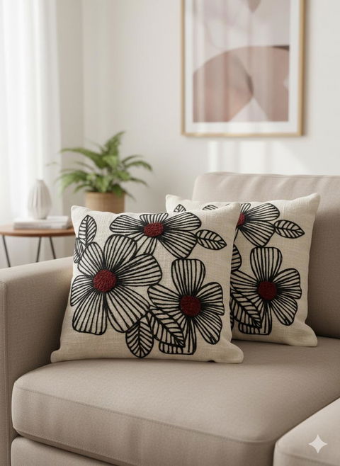 Elegant Designer Cushion Covers – Soft & Durable with Beautiful Floral Embroidery for Living Room Sofa-001