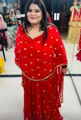 Red foil printed chiffon lehnga set