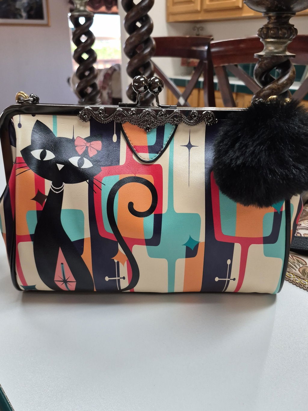 Atomic Cat Retro Kisslock Bag, Mid Century Boomerang Starburst Crossbody Shoulder Purse