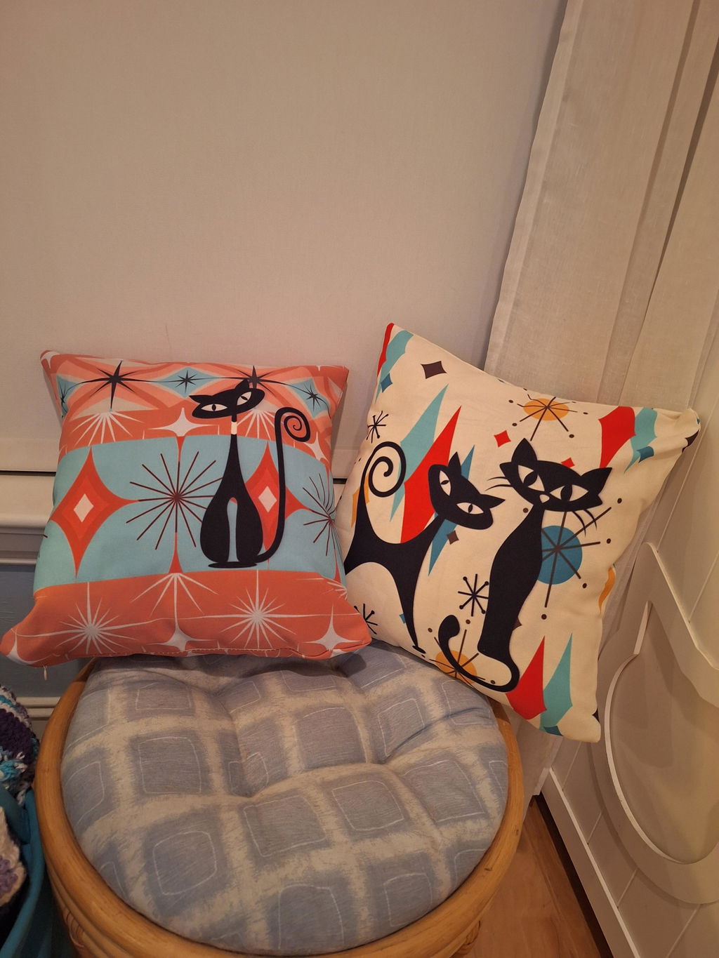 Mid Century Modern Atomic Cat Throw Pillow, Retro 1950s Teal and Orange Design, Vintage Style Home Decor Accent