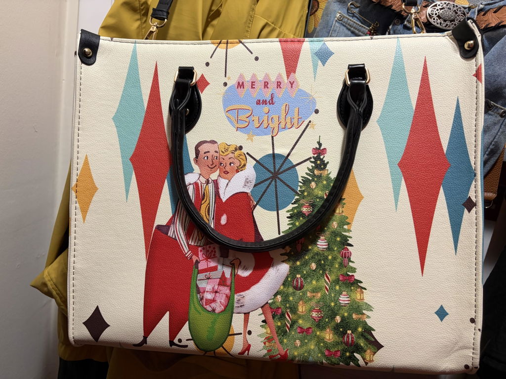 Retro Vintage 50s Kitsch Holiday Satchel, Franciscan Starburst , Mid Century Modern Christmas Card Art Handbag
