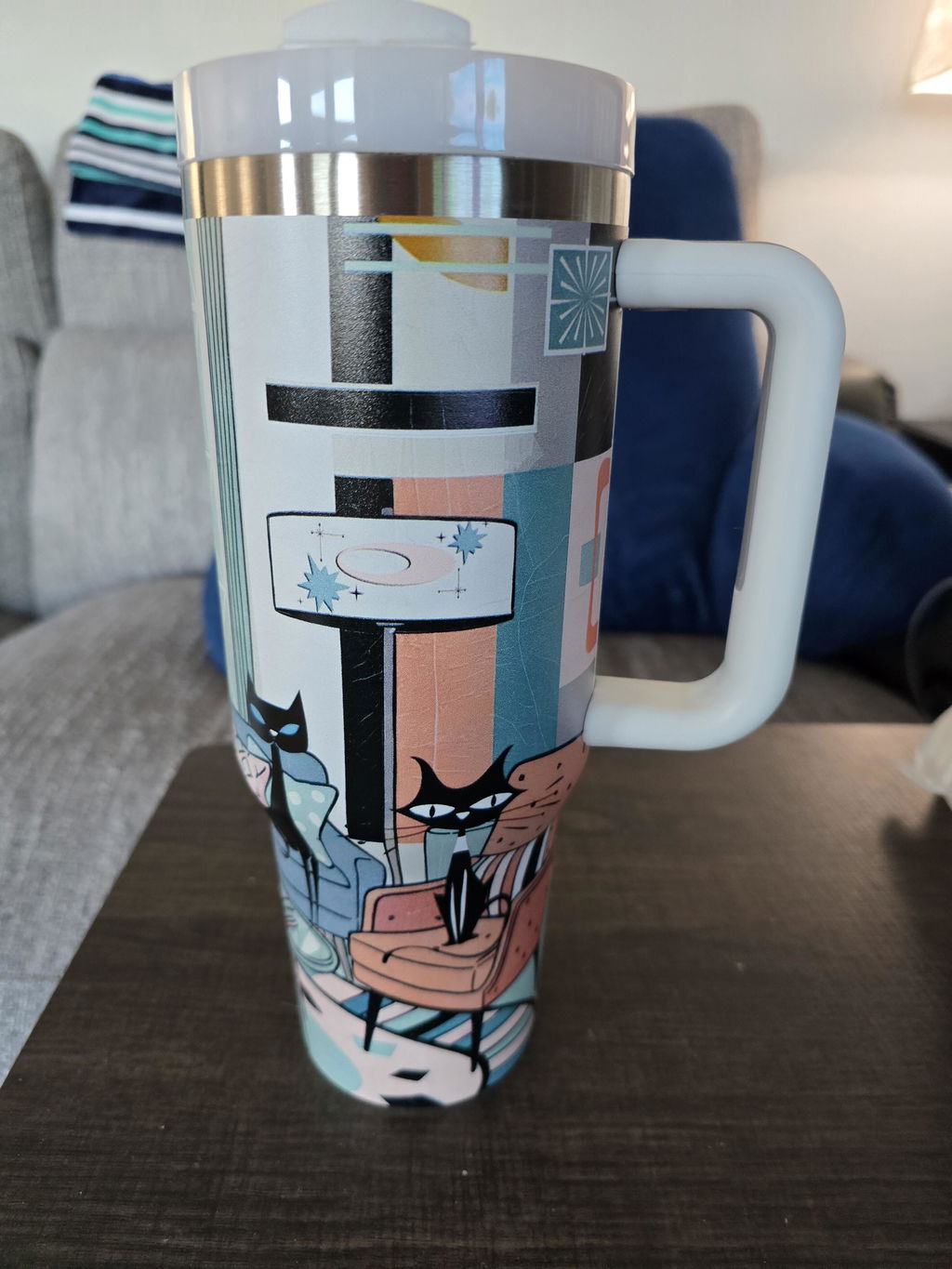 Atomic Kitschy Cat Mid Century Lounge Tumbler, Retro Stainless Steel Travel Mug, 50s MCM Starburst Cup