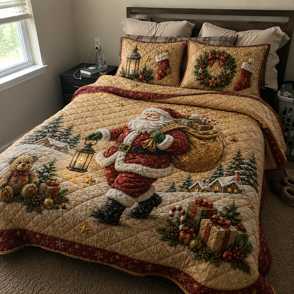 Santa Claus Quilted Bedding Set, Vintage Christmas Bedroom Quilt customer review photo