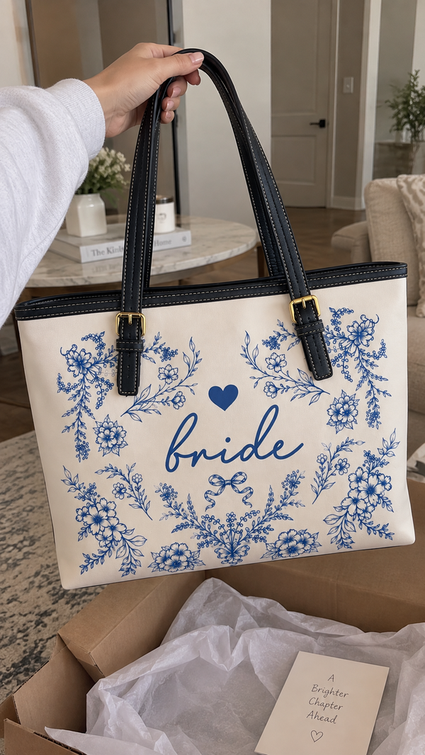 Something Blue Floral Bride And Bridesmaid Gift Leather Tote Bag customer review photo