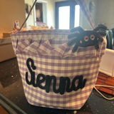Personalized Halloween Gingham Basket | Hand-Knit Name Trick-or-Treat Bucket