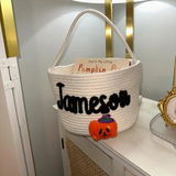 Personalized Halloween Rope Basket | Hand-Knit Name Trick-or-Treat Bucket