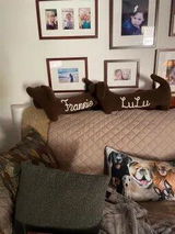 Personalized Dachshund Plush Pillow – Sherpa Sausage Dog with Knitted Yarn Name