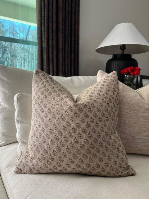 Linen Fabric, Handprinted Blockprint, Sofa Lumbar Pillowcover, Artisan Accent For Couch Or Bed, Housewarming Gifts - MUDRA ROSEDUST BL
