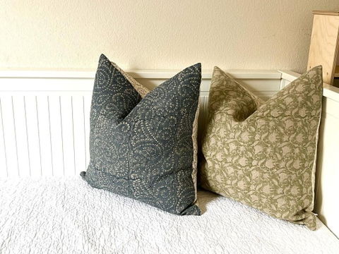 Indian Long Sofa Pillowcase, Blocked Floral Design, Neutral Lumbar Cushion Covers For Modern Couch Or Living Room - TULJA TEAL