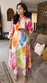 Elegant Floral Printed Roman Silk Kurta Pant Set for Women – Multicolor
