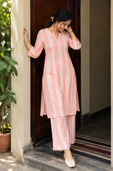 Peach Striped Pure Co-Ord Set for Women