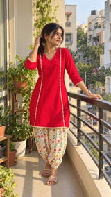 Classic Red Cotton Co-Ord Set with Floral Printed Pants