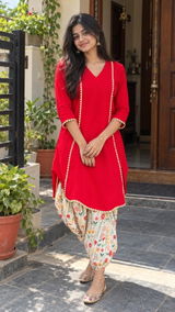 Classic Red Cotton Co-Ord Set with Floral Printed Pants