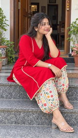 Classic Red Cotton Co-Ord Set with Floral Printed Pants