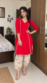 Classic Red Cotton Co-Ord Set with Floral Printed Pants