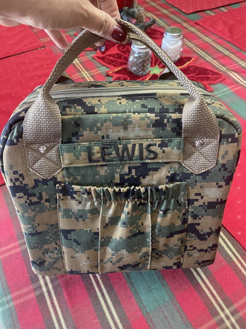 Camouflage insulated lunch bag with loop tape for name tag | Handmade in the US.
