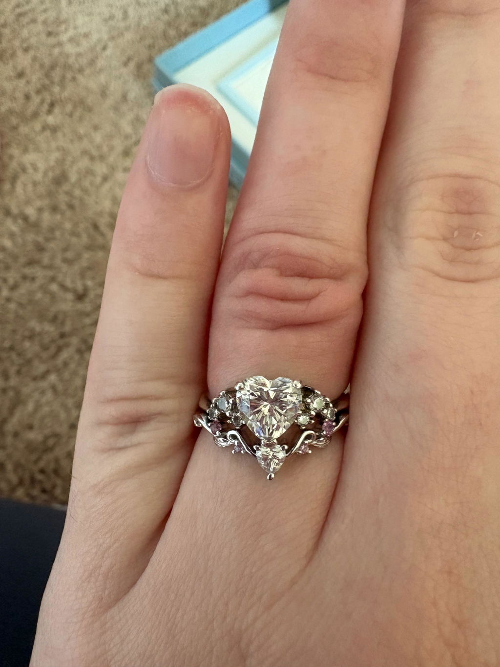 Nature Inspired Heart & Leaf Natural Pink Sapphire Moissanite Curved Wedding Band - Amelia