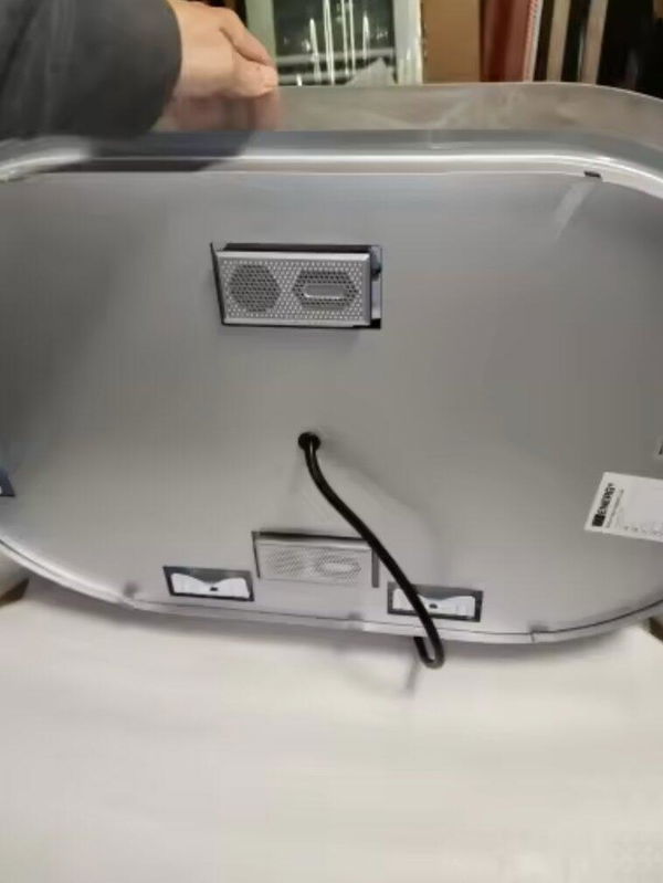 Customer photo showing the rear of an oval mirror and its built-in speakers