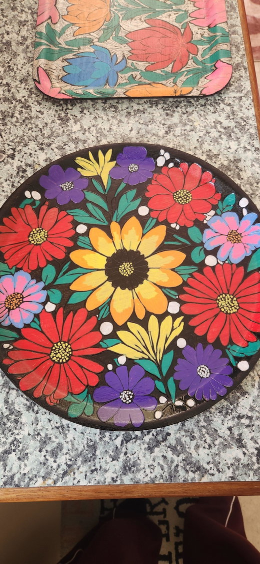 Wooden tray painted with vivid flowers by a customer