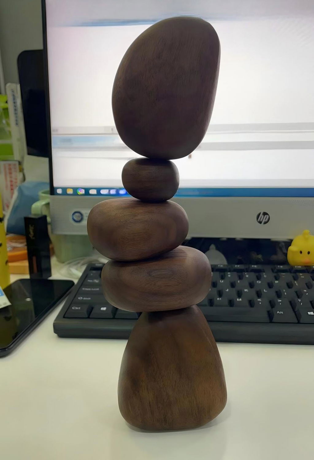 Magnetic Balance Stone Sculpture | Handcrafted Solid Wood Zen Desk Art | Mindfulness Gift