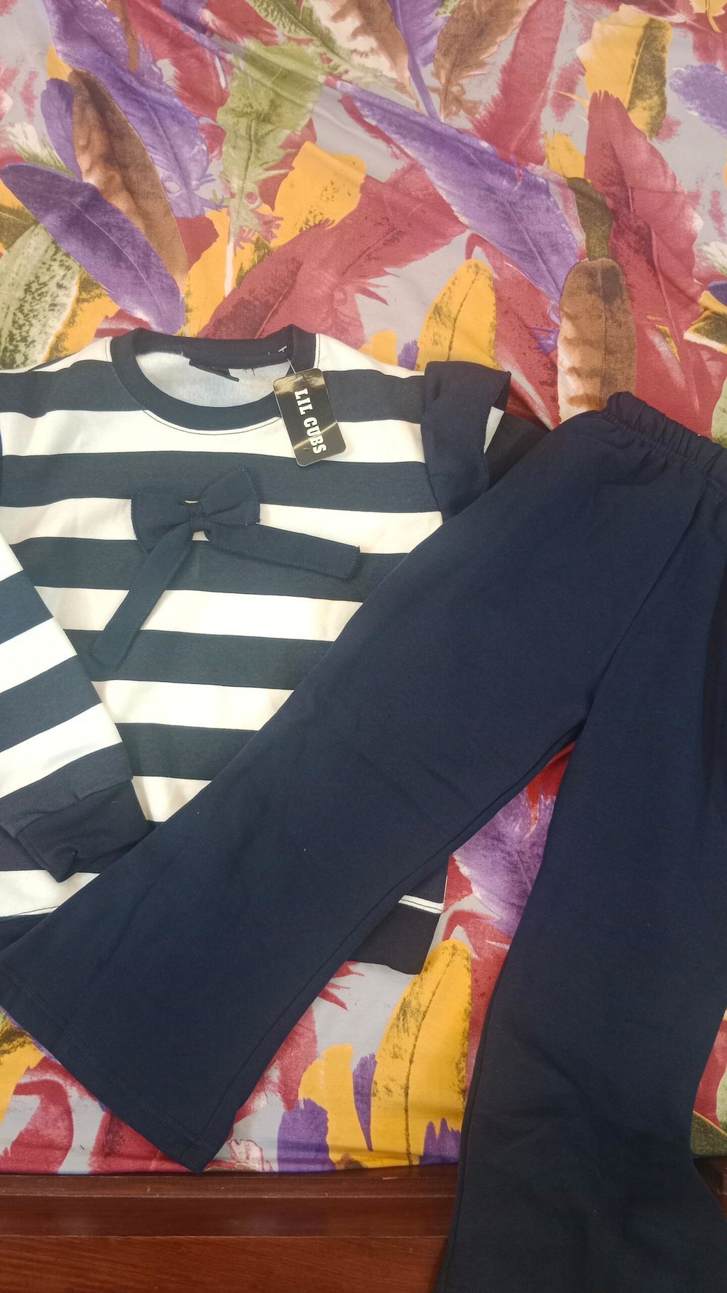 Girls Navy Blue & White Lining with Bow Winter Coord Set (2 Piece) - Size 1 - 12 Years